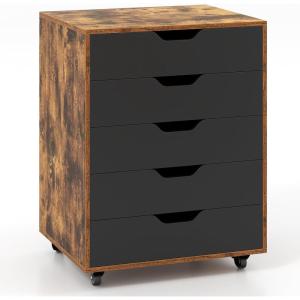 imageGiantex 5Drawer Storage Cabinet Mobile Lateral File Cabinet with Drawers Wheels Rolling Chest of Drawers 195quot x 16quot x 255quot for Office Under Desk Living Room StudyRustic Brownblack