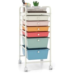 imageGiantex 6 Storage Drawer Cart Rolling Organizer Cart for Tools Scrapbook Paper Home Office School Multipurpose Mobile Utility Cart Beige ampamp YellowMacaron