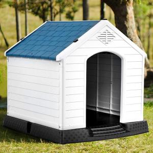 imageGiantex Dog House for Medium Dogs Waterproof Plastic Dog Houses with Air Vents and Elevated Floor Easy to Assemble Outdoor Cat House Feeding Station Indoor Patio Backyard Dog Kennel HouseBlue  White