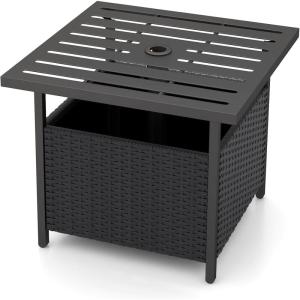 imageGiantex Outdoor Side Table with Umbrella Hole 22quot Wicker Umbrella Stand Holder and Base WeatherResistant PE Rattan Patio End Table for Deck Garden Poolside Metal Tabletop BrownBlack