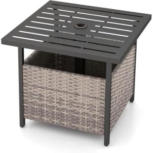 imageGiantex Outdoor Side Table with Umbrella Hole 22quot Wicker Umbrella Stand Holder and Base WeatherResistant PE Rattan Patio End Table for Deck Garden Poolside Metal Tabletop BrownLight Gray