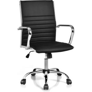 imageGiantex Ribbed Office Chair Ergonomic Modern Leather Desk Chair with Adjustable Height ampamp Arms Swivel Mid Back Executive Conference Room Chairs for Meeting Room BlackBlack