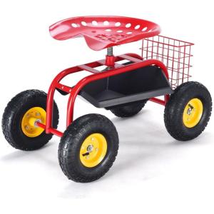 imageGiantex Rolling Garden Work Seat 360 Swivel Gardening Workseat with Wheels Tool Basket Adjustable Height Outdoor Scooter for Sitting Gardening Stool Chair for Planting Trimming GreenRed