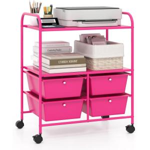 imageGiantex Rolling Storage Cart w 4 Drawers 2 Shelves Metal Rack Shelf Home Office School Beauty Salon Utility Organizer Cart with Wheels YellowHot Pink