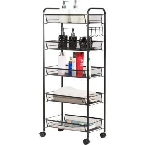 imageGiantex Storage Rack Trolley Cart Home Kitchen Organizer Utility Baskets with 5 Hooks 5 Tier BlackBlack
