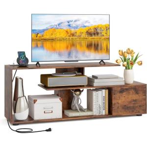 imageGiantex TV Stand with Power Outlet for TVs up to 55 Inch Entertainment Center with Storage Cabinet ampamp Open Shelves Media Console Table Modern Television Stands for Living Room Bedroom Rustic Brown