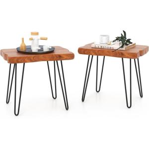 imageGiantex Teak Wood End Table Solid Live Edge Outdoor Side Table wNatural Grain ampamp HeavyDuty Metal Legs Rustic Plant Stand for Living Room Patio Balcony 16quot x 16quot x 18quot 1 Square2