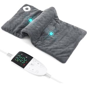 imageGiantex Weighted Heating Pad w 2 Massagers Electric Heated Pad for Back Neck Pain Cramp Relief Massaging Vibration 5 Heating Levels 9 Modes 124 H Auto ShutOff Home Use Heating Mat BlueGrey