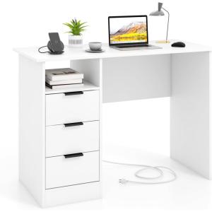 imageGiantex White Desk with Drawers Modern Computer Desk with Charging Station PC Laptop Table Computer Workstation with Storage Makeup Vanity Table Writing Desk for Bedroom