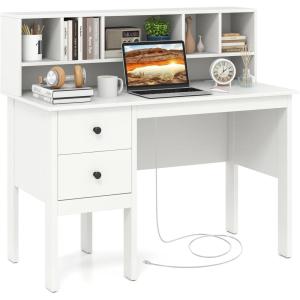 imageGiantex White Desk with Drawers ampamp Hutch Home Office Desk with Charging Station 5 Storage Cubbies Makeup Vanity Table Modern Study Writing Desk PC Laptop Desks Computer Workstation for BedroomWhite