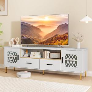 imageGiantex White TV Stand for TV up to 80quot 71Inch Modern Entertainment Center with Glass Doors ampamp 2 Storage Drawers 2 Cable Holes Faux Marble Top TV Media Console Cabinet for Living Room Bedroom