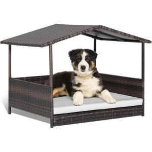 imageGiantex Wicker Dog House Raised Rattan Dog Bed with Waterproof Roof Washable Cushion Cover Steel Frame Indoor Outdoor Elevated Dog Bed Pet House for Small Medium Dogs Cats Easy AssemblyBrown House  White Cushion