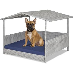 imageGiantex Wicker Dog House Raised Rattan Dog Bed with Waterproof Roof Washable Cushion Cover Steel Frame Indoor Outdoor Elevated Dog Bed Pet House for Small Medium Dogs Cats Easy AssemblyLight Grey House  Navy Cushion