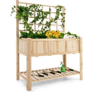 imageGiantex Wood Planter with Trellis Standing Raised Garden Bed Liner Storage Shelf Elevated Plant Box Stand for Climbing Flower Vegetable Herb Indoor Outdoor Patio Lawn Balcony