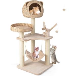 imageGiantex Wooden Cat Tree 48 inches Cat Tower with Cattail Condo Cat Bed Hammock Rotatable Jingling Balls Natural Sisal Scratching Posts Removable Cushion MultiLevel Kitten Activity Center