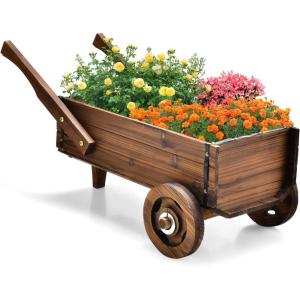imageGiantex Wooden Wagon Planter Box Decorative Wagon Cart with Wheels Handles Drainage Hole Flower Planter Pot Stand Rustic Flowerpot Planter Indoor ampamp Outdoor Garden Patio Balcony