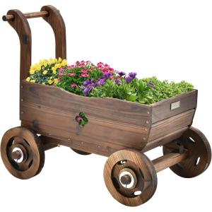 imageGiantex Wooden Wagon Planter Raised Bed on Wheels Handle Drainage Hole Decorative Wagon Cart Rustic Flowerpot Planter Mobile Plant Pot Stand Indoor ampamp Outdoor Patio Garden Balcony