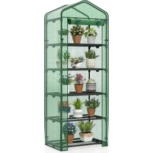 imageGiantex Mini Greenhouse Indoor Outdoor 69 x 48 x 75 Portable Plant Grow House with 5 Tier Shelves PE Cover RollUp Zipper Door Rustproof ElectorCoating Metal Frame for Patio Balcony GardenGreen