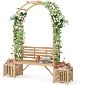 imageGiantex Outdoor Bench with Garden Arch amp Planters Wooden Pergola Archway Outdoor Trellis for Climbing Plants Patio Decorative Arbor Arch for Backyard Lawn ArchedNatural73x22x80Natural