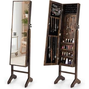 imageCHARMAID Jewelry Organizer with Full Length Mirror Standing Jewelry Armoire Cabinet with Lockable Door and 2 Keys Stand up Jewelry Box Mirror with Jewelry Storage Rustic BrownRustic Brown