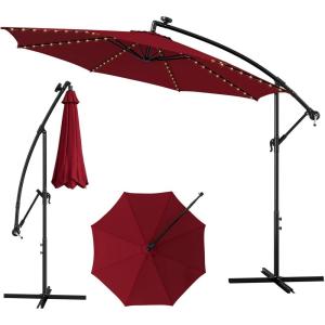 imageGiantex 10 ft Offset Patio Umbrella with 112 Solar Meteor Shower Lights Outdoor Cantilever Umbrellas with 8 Ribs Easy Tilt Adjustment Hanging Market Umbrella for Backyard Garden Lawn PoolsideBurgundy