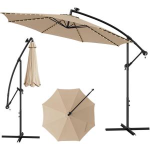 imageGiantex 10 ft Offset Patio Umbrella with 112 Solar Meteor Shower Lights Outdoor Cantilever Umbrellas with 8 Ribs Easy Tilt Adjustment Hanging Market Umbrella for Backyard Garden Lawn PoolsideBeige