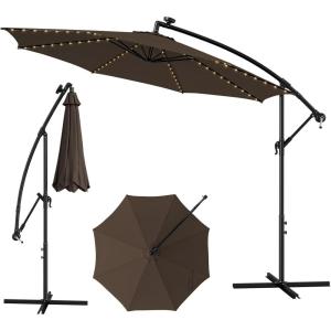 imageGiantex 10 ft Offset Patio Umbrella with 112 Solar Meteor Shower Lights Outdoor Cantilever Umbrellas with 8 Ribs Easy Tilt Adjustment Hanging Market Umbrella for Backyard Garden Lawn PoolsideCoffee