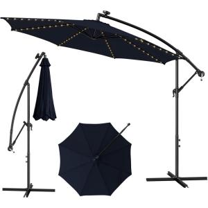 imageGiantex 10 ft Offset Patio Umbrella with 112 Solar Meteor Shower Lights Outdoor Cantilever Umbrellas with 8 Ribs Easy Tilt Adjustment Hanging Market Umbrella for Backyard Garden Lawn PoolsideNavy