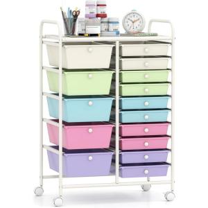 imageGiantex 15 Drawer Rolling Cart with Drawers Storage Organizer Cart for Classroom Office School Teacher Mobile Drawer Cart for Tools Crafts Small Printer Paper PastelPastel Ice Cream
