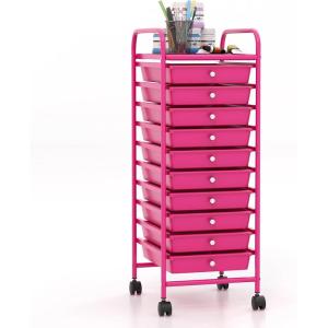 imageGiantex 15 Drawer Rolling Cart with Drawers Storage Organizer Cart for Classroom Office School Teacher Mobile Drawer Cart for Tools Crafts Small Printer Paper PastelHot Pink