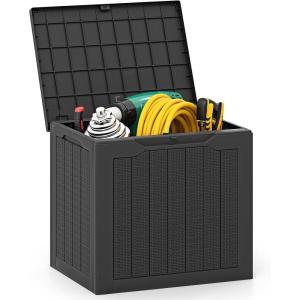 imageGiantex 25 Gallon Outdoor Storage Box Patio Deck Box with Lockable Lid Wickerwoven Texture Waterproof Storage Bench for Pool Accessories Garden Tools Package Delivery Patio Furniture BlackBlack