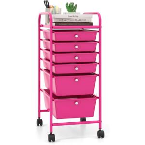 imageGiantex 6 Storage Drawer Cart Rolling Organizer Cart for Tools Scrapbook Paper Home Office School Multipurpose Mobile Utility Cart IvoryHot Pink
