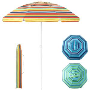 imageGiantex Beach Umbrella with Cup Holder Table and Sandbag Portable Outdoor Sunshade Umbrella with Carry Bag Tilt Design Sand Anchor Windproof Ventilated for Beach Patio TripOrange Strip