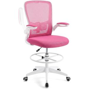 imageGiantex Ergonomic Drafting Chair Tall Office Chair with FlipUp Armrests Footrest Ring Height Adjustable Executive Task Chair Mesh Computer Standing Desk Chair Lumbar Support for Home Office GrayPink