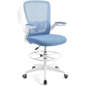imageGiantex Ergonomic Drafting Chair Tall Office Chair with FlipUp Armrests Footrest Ring Height Adjustable Executive Task Chair Mesh Computer Standing Desk Chair Lumbar Support for Home Office GrayBlue