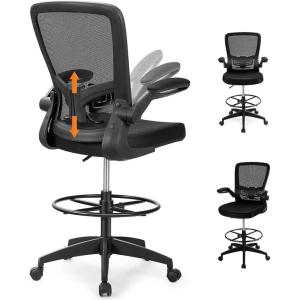 imageGiantex Ergonomic Drafting Chair Tall Office Chair with FlipUp Armrests Footrest Ring Height Adjustable Executive Task Chair Mesh Computer Standing Desk Chair Lumbar Support for Home Office GrayBlack