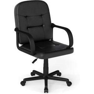 imageGiantex Leather Office Chair PU Ergonomic Desk Chair with Mid Back amp Curved Armrests Height Adjustable amp Rolling Computer Chair with Wheels for Gaming Working Black