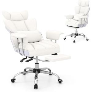 imageGiantex Office Desk Chair Big and Tall Executive Office Chair with Foot Rest and Lumbar Support High Back Leather Swivel Computer Task Chair Large Ergonomic Reclining Home Office Chair WhiteWhite