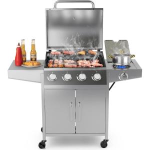 imageGiantex Propane Gas Grill with 4 Main Burners and 1 Side Burner total 50000 BTU Stainless Steel HeavyDuty BBQ Grill with 2 Prep Tables 4 Wheels Cabinet for Propane Tank Outdoor Cooking