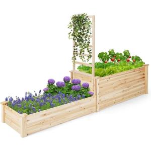 imageGiantex Raised Garden Bed with 3 Trellises 88L x 45W x 43H Set of 2 Wood Planter Box for Vegetables Flowers Herbs Fruits Climbing Plants Cucumber Easy Assembly Outdoor Rectangular Raised Beds88x25x53