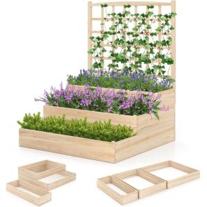 imageGiantex Raised Garden Bed with 3 Trellises 88L x 45W x 43H Set of 2 Wood Planter Box for Vegetables Flowers Herbs Fruits Climbing Plants Cucumber Easy Assembly Outdoor Rectangular Raised Beds44x45x56
