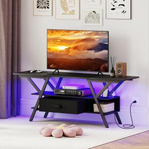 imageGiantex TV Stand with Power Outlets for 5565 Inch TV 3Tier Entertainment Center wLED Lights amp Remote Media Console Table wStorage Shelves amp Fabric Drawer for Living Room Rustic Brown  BlackBlack