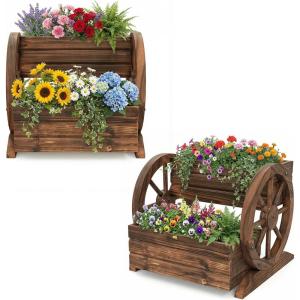 imageGiantex Wooden Wagon Planter Box Garden Planter with Drainage Holes amp Wheels for Flowers Herbs Vegetables Indoor Outdoor Decorative Flower Cart for Patio Garden Balcony 12