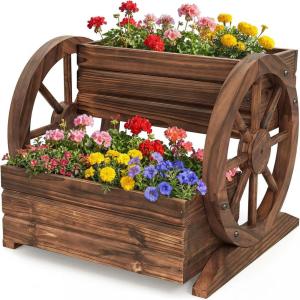 imageGiantex Wooden Wagon Planter Box Garden Planter with Drainage Holes amp Wheels for Flowers Herbs Vegetables Indoor Outdoor Decorative Flower Cart for Patio Garden Balcony 11