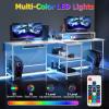 imageGiantex 945 2 Person Desk with LED Lights Long PC Study Desk with Storage Shelves Power Outlets Keyboard Tray amp Monitor Stand Double Computer Desk Workstation for Home Office BlackWhite