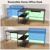 imageGiantex 945 2 Person Desk with LED Lights Long PC Study Desk with Storage Shelves Power Outlets Keyboard Tray amp Monitor Stand Double Computer Desk Workstation for Home Office BlackBlack
