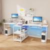 imageGiantex 945 2 Person Desk with LED Lights Long PC Study Desk with Storage Shelves Power Outlets Keyboard Tray amp Monitor Stand Double Computer Desk Workstation for Home Office BlackWhite