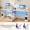 imageGiantex 945 2 Person Desk with LED Lights Long PC Study Desk with Storage Shelves Power Outlets Keyboard Tray amp Monitor Stand Double Computer Desk Workstation for Home Office BlackWhite