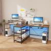 imageGiantex 945 2 Person Desk with LED Lights Long PC Study Desk with Storage Shelves Power Outlets Keyboard Tray amp Monitor Stand Double Computer Desk Workstation for Home Office BlackRustic Brown