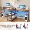 imageGiantex 945 2 Person Desk with LED Lights Long PC Study Desk with Storage Shelves Power Outlets Keyboard Tray amp Monitor Stand Double Computer Desk Workstation for Home Office BlackRustic Brown